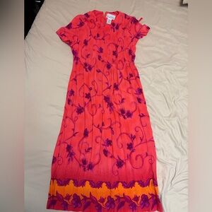 Vibrant Pink and Orange Floral Midi Dress